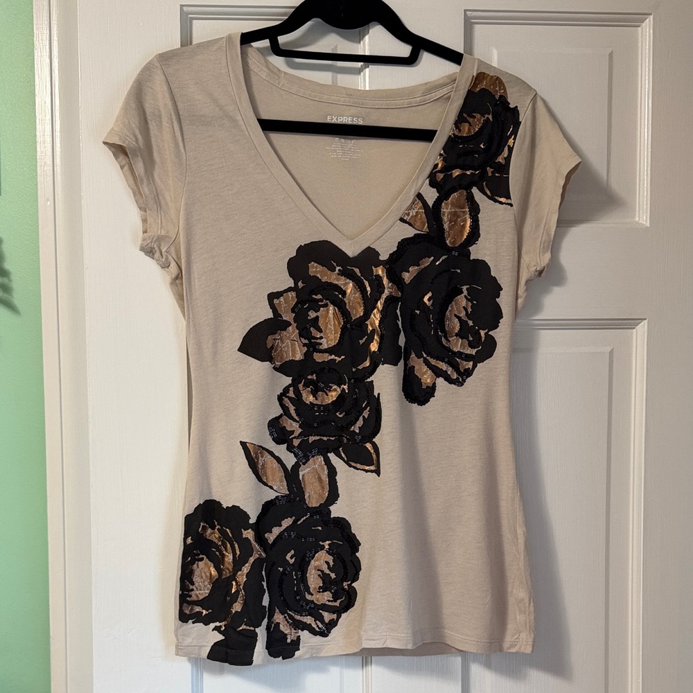 Express Beige and Black Floral Short Sleeve Top